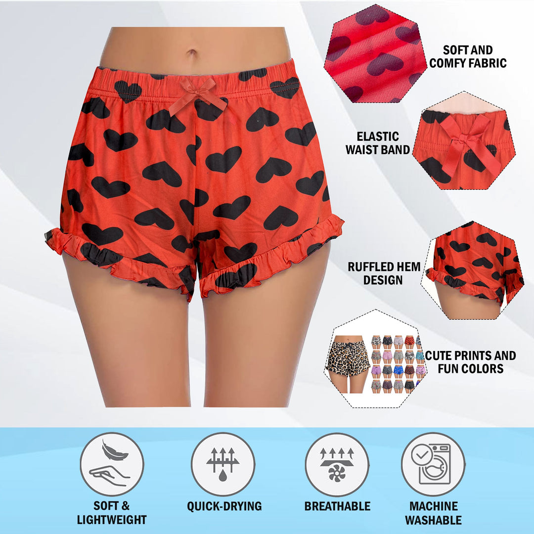 3-Pack: Womens Soft Printed Pajama Shorts with Ruffled Hem for Sleepwear Image 3