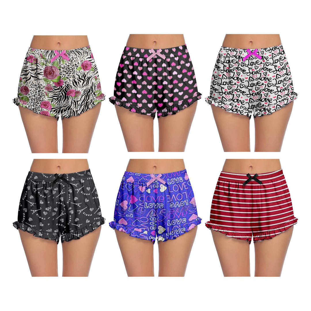 3-Pack: Womens Soft Printed Pajama Shorts with Ruffled Hem for Sleepwear Image 7