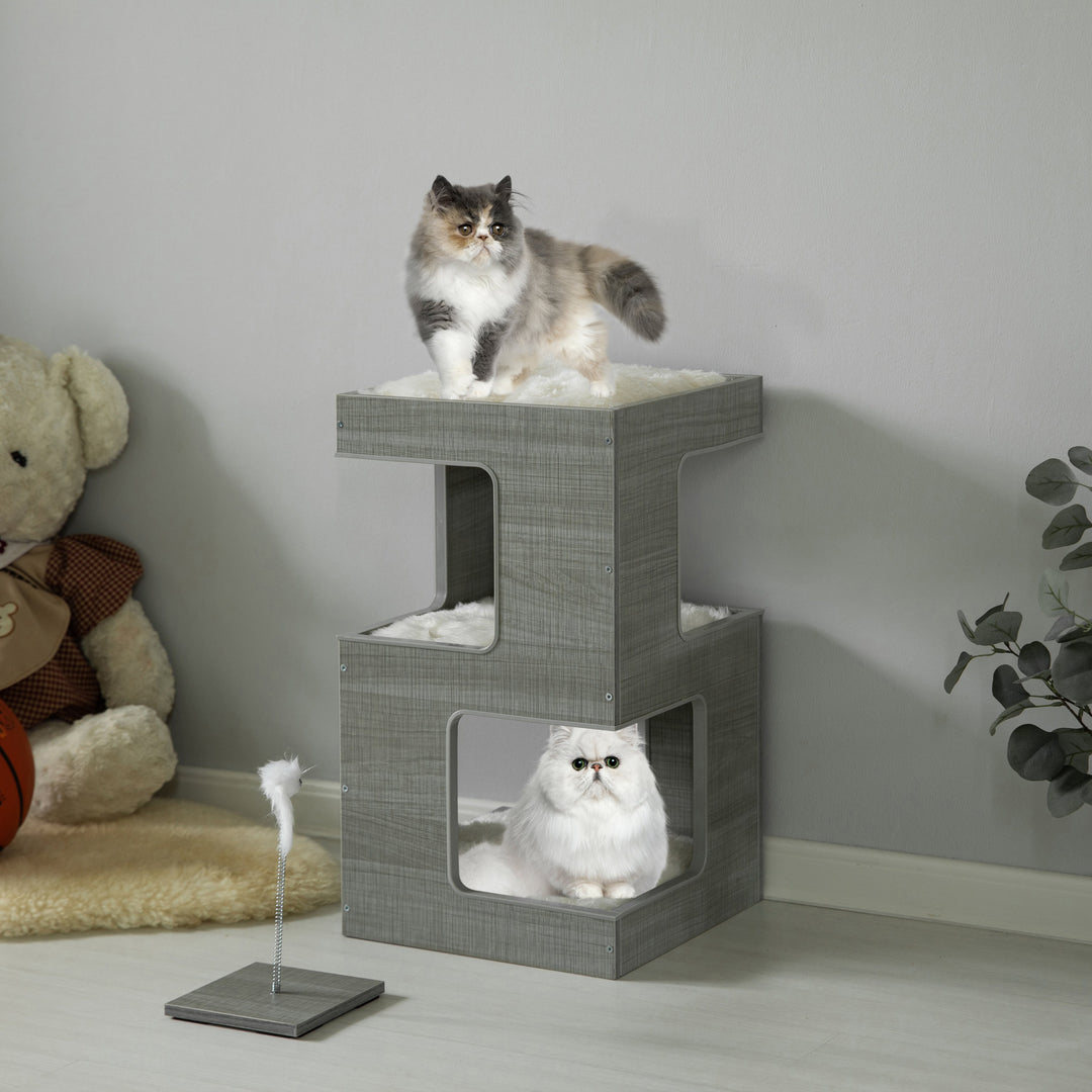 Modern Cat Tree House Multi Level Wooden Adjustable Gray Indoor Condo 23.75 in Image 3