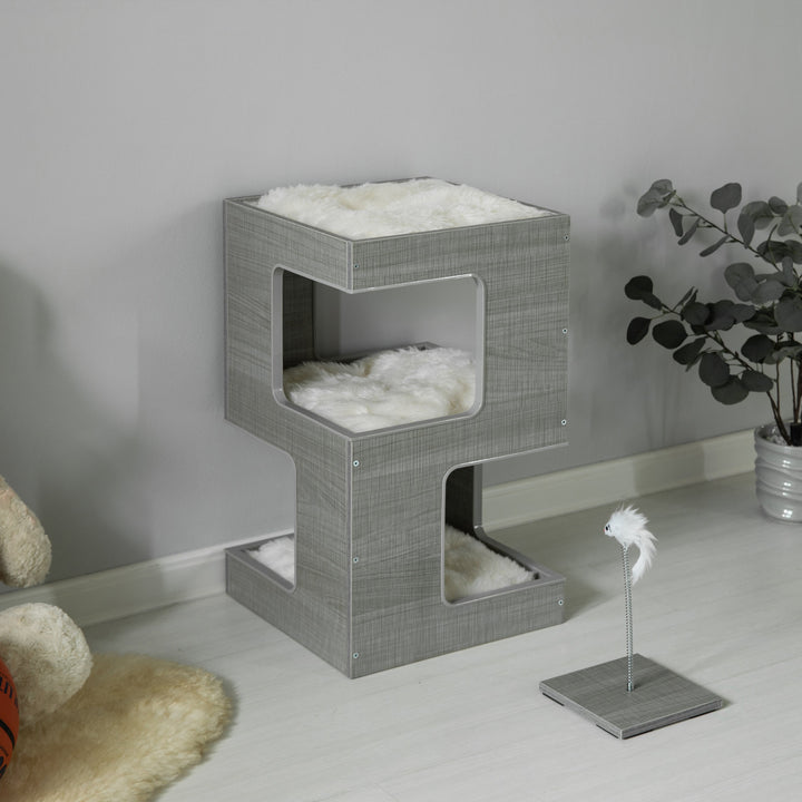 Modern Cat Tree House Multi Level Wooden Adjustable Gray Indoor Condo 23.75 in Image 8