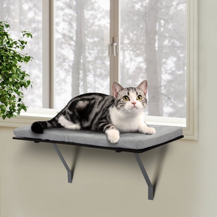 Cat Perch Window Mounted Shelf Bed with Velvet Cushion for RestBlack Gray Image 2