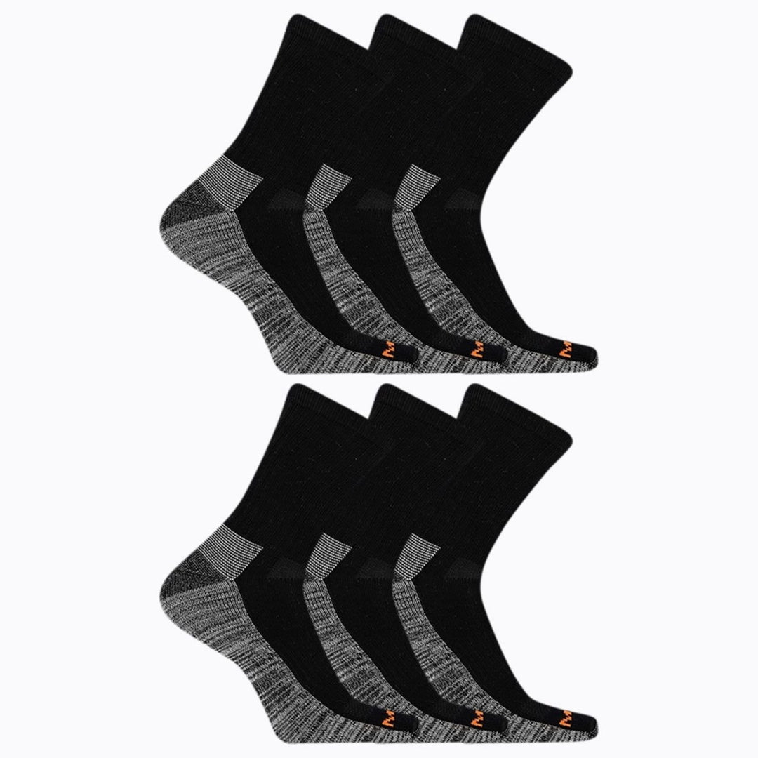 Merrell Mens and Womens Durable Everyday Work Crew Socks - Unisex 6 Pair Pack - Arch Support and Anti-Odor Cotton BLACK Image 4