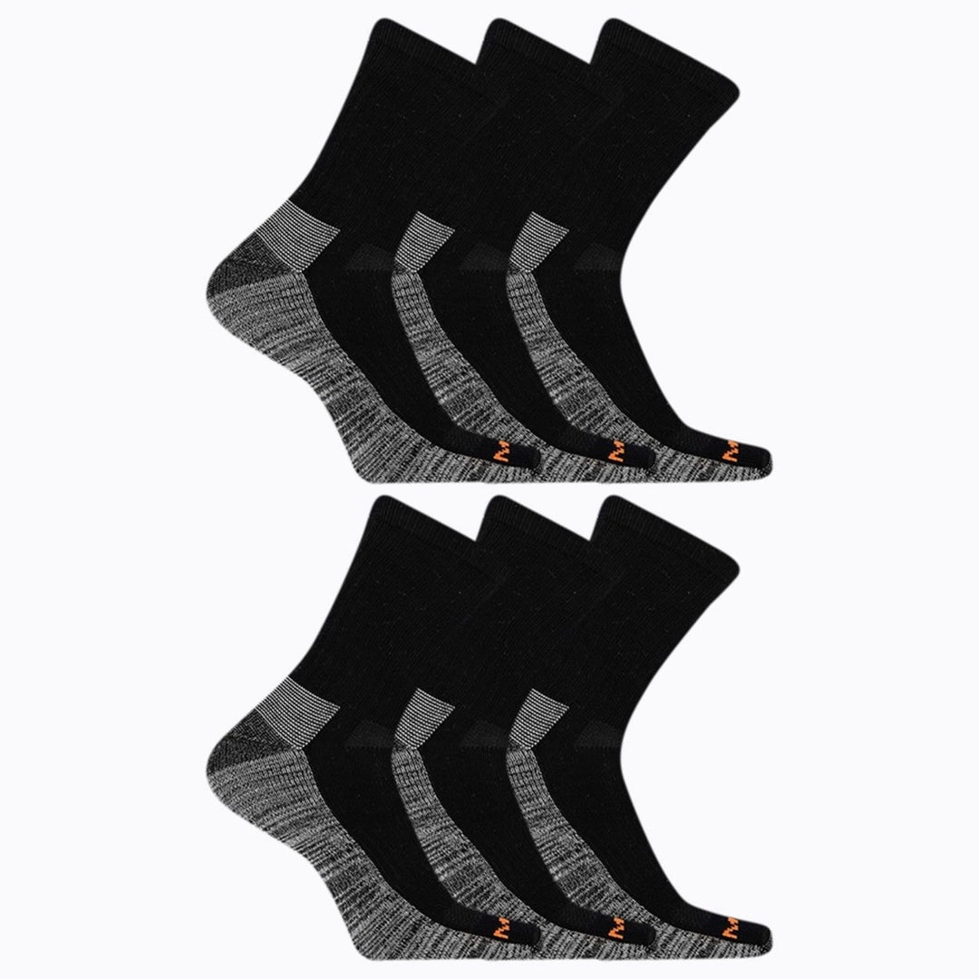 Merrell Mens and Womens Durable Everyday Work Crew Socks - Unisex 6 Pair Pack - Arch Support and Anti-Odor Cotton BLACK Image 2