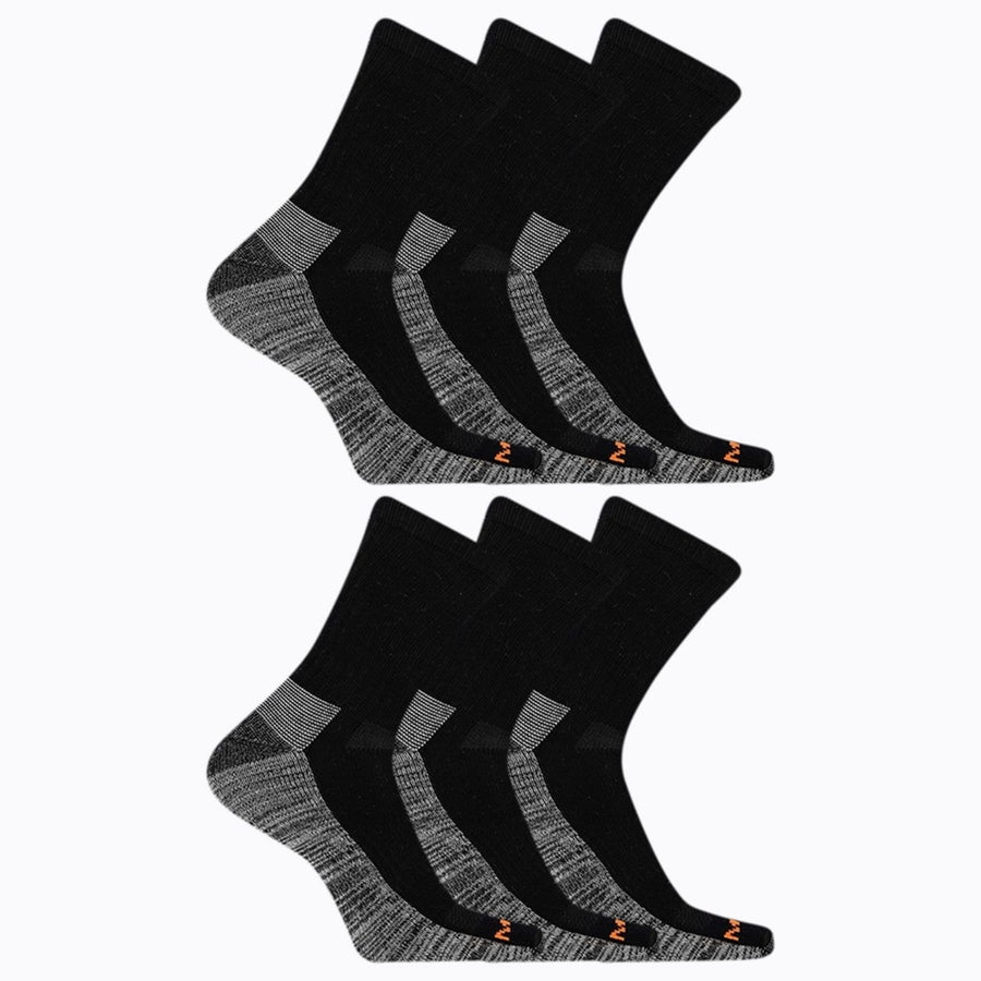 Merrell Mens and Womens Durable Everyday Work Crew Socks - Unisex 6 Pair Pack - Arch Support and Anti-Odor Cotton BLACK Image 1