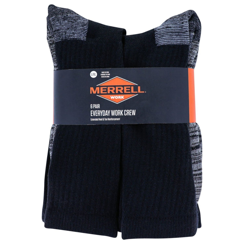 Merrell Mens and Womens Durable Everyday Work Crew Socks - Unisex 6 Pair Pack - Arch Support and Anti-Odor Cotton BLACK Image 2