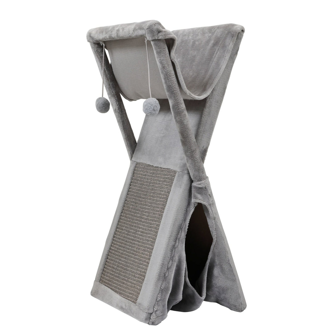 Folding Cat Tower Tree2-Tier Pet House with Scratching PadCat Nest Hammock for Small to Middle Kitten - Gray Image 4