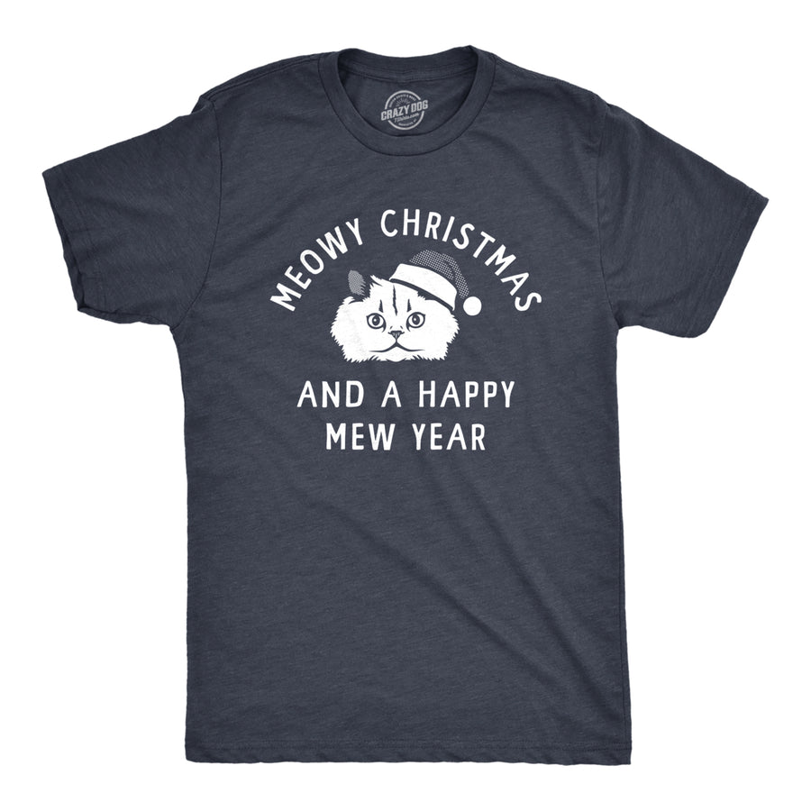 Mens Meowy Christmas And A Happy Mew Year T Shirt Funny Xmas Kitten Lovers Tee For Guys Image 1