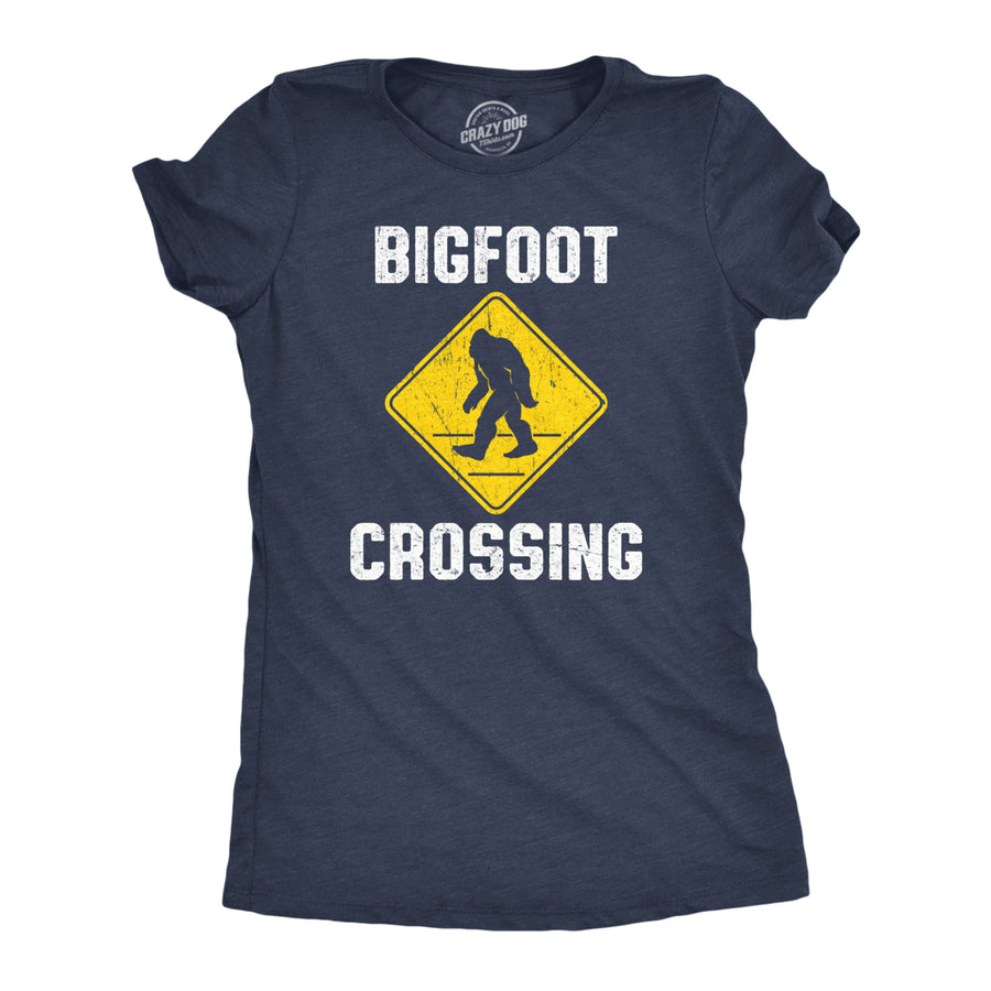 Womens Bigfoot Crossing T Shirt Funny Sasquatch Road Warning Sign Tee For Ladies Image 1