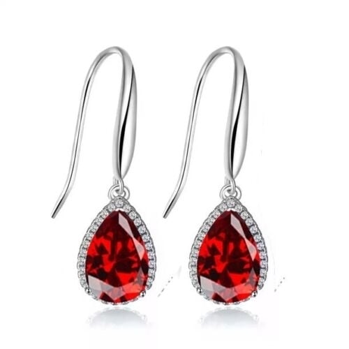 Paris Jewelry 14k White Gold 2 Ct Created Garnet CZ Teardrop Earrings Plated Image 1