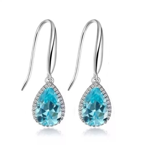 Paris Jewelry 14k White Gold 2 Ct Created Aquamarine CZ Teardrop Earrings Plated Image 1