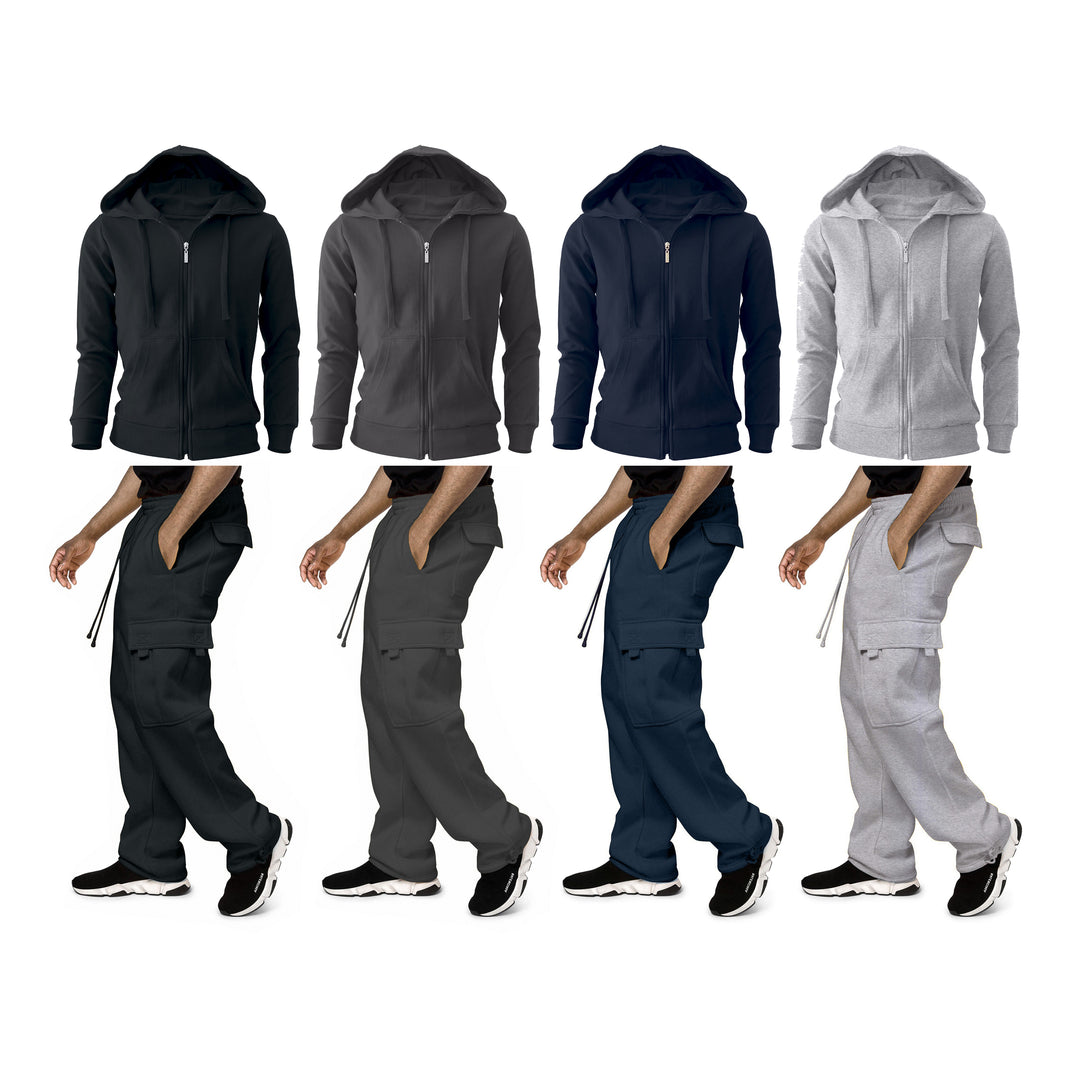 Mens Full Zip Cargo Athletic Tracksuit Fleece Hoodie Pants Set Lightweight Warm Image 3