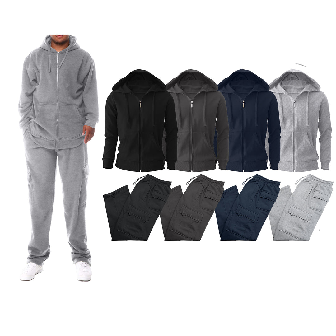 Mens Full Zip Cargo Athletic Tracksuit Fleece Hoodie Pants Set Lightweight Warm Image 1