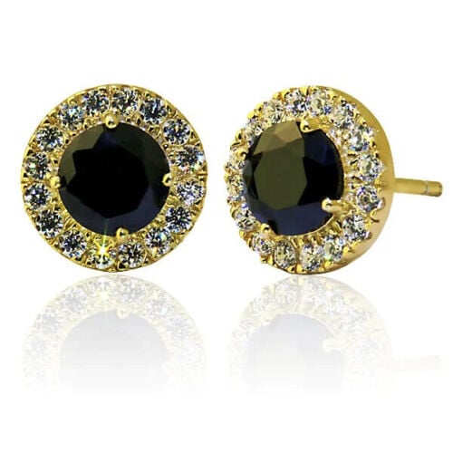 18K Yellow Gold Plated Halo Created Black Sapphire CZ 3CT Stud Earrings Image 1