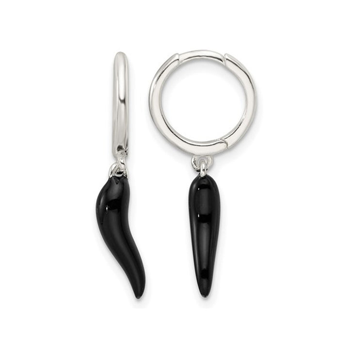 Italian Horn Sterling Silver Charm Earrings with Black Enamel Image 1