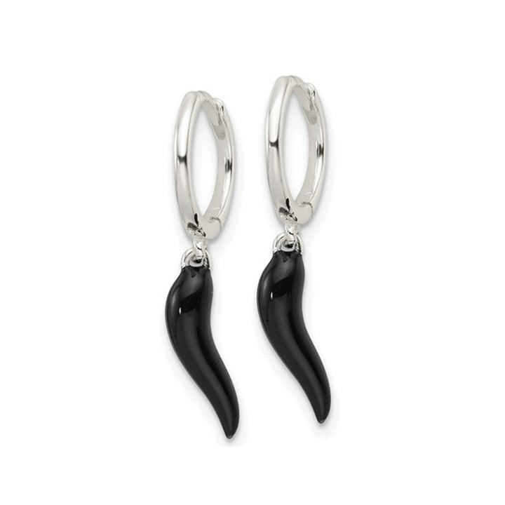 Italian Horn Sterling Silver Charm Earrings with Black Enamel Image 3