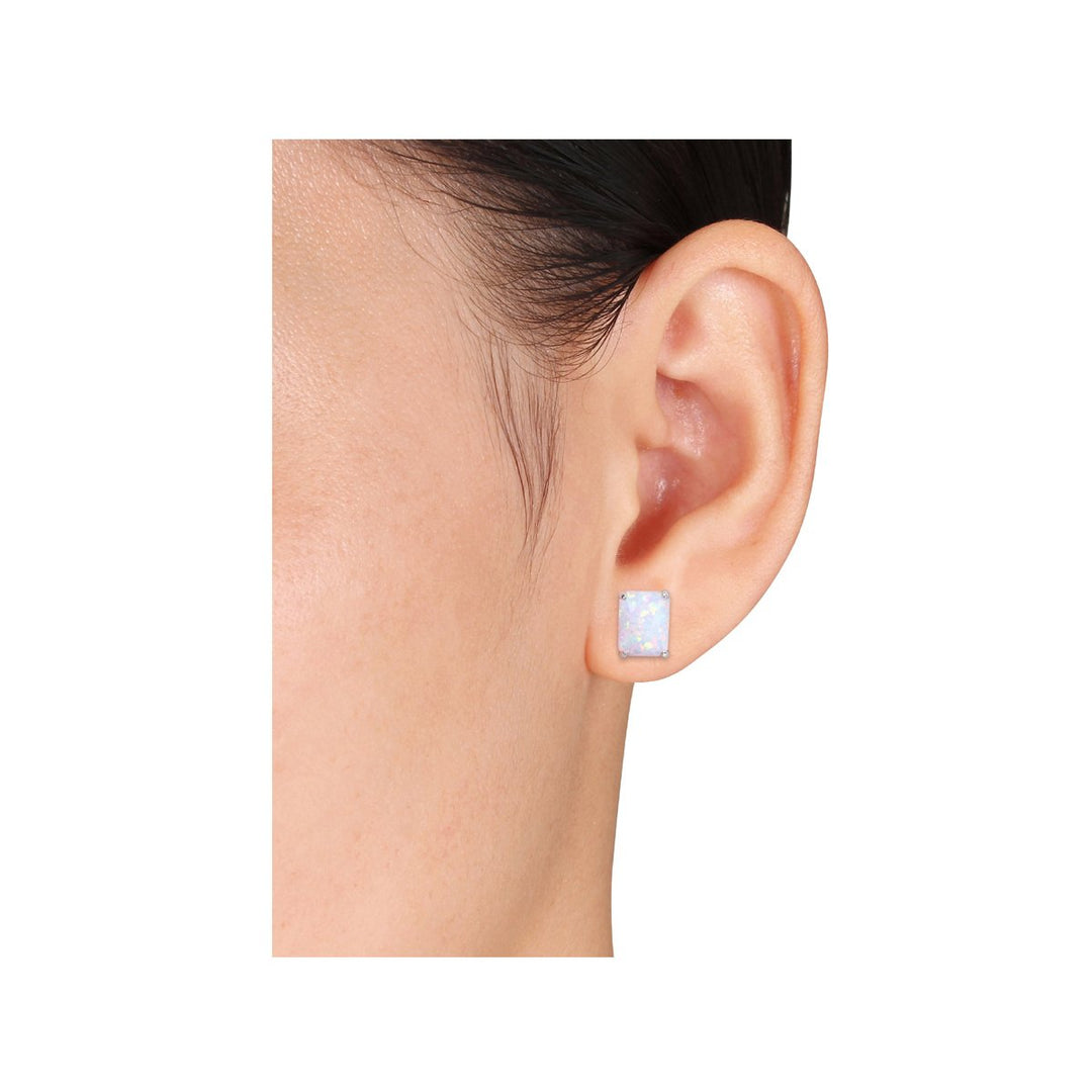 3.80 Carat (ctw) Lab-Created Opal Emerald-Cut Solitaire Earrings in Sterling Silver Image 3