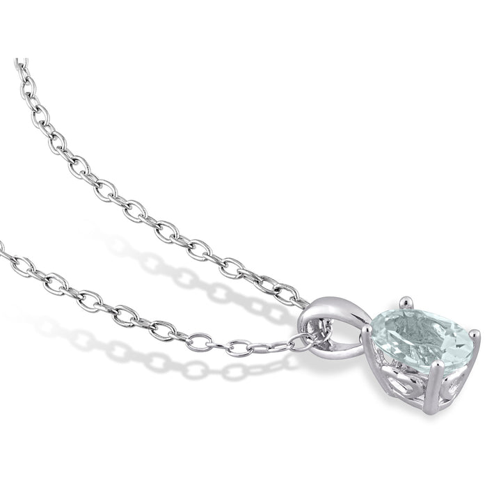 3/5 Carat (ctw) Aquamarine Solitaire Oval Pendant Necklace in Sterling Silver with Chain Image 3