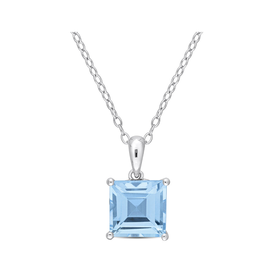 3.00 Carat (ctw) Princess-Cut Blue Topaz Solitaire Pendant Necklace in Sterling Silver with Chain Image 1