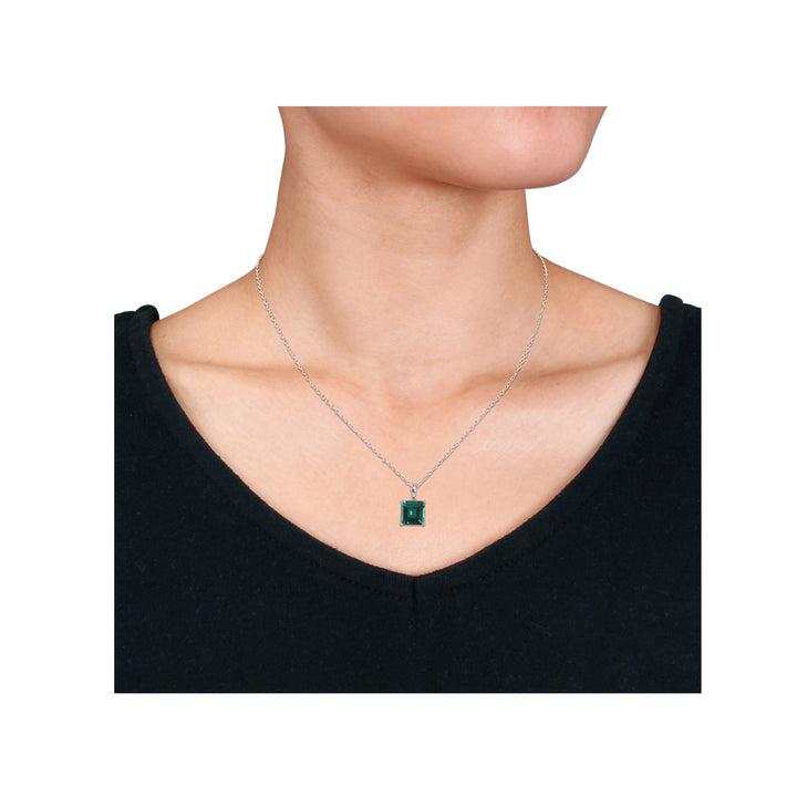 2.55 Carat (ctw) Lab-Created Emerald Princess Solitaire Pendant Necklace in Sterling Silver with Chain Image 4