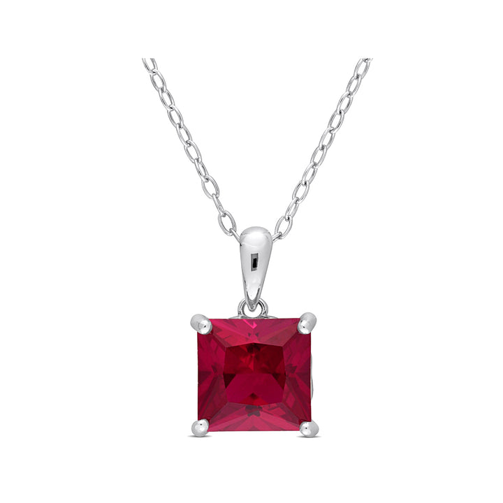 3.06 Carat (ctw) Lab-Created Ruby Princess Solitaire Pendant Necklace in Sterling Silver with Chain Image 1