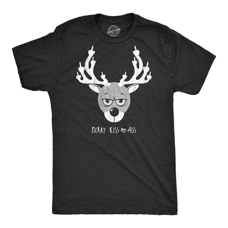 Mens Merry Kiss My a** T Shirt Funny Offensive Rude Xmas Reindeer Middle Finger Tee For Guys Image 1