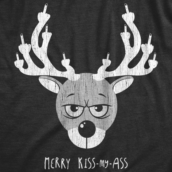 Mens Merry Kiss My a** T Shirt Funny Offensive Rude Xmas Reindeer Middle Finger Tee For Guys Image 2