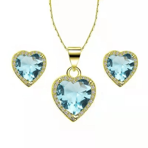 Paris Jewelry 24k Yellow Gold Heart 4 Ct Created Aquamarine CZ Full Set Necklace 18 inch Plated Image 1