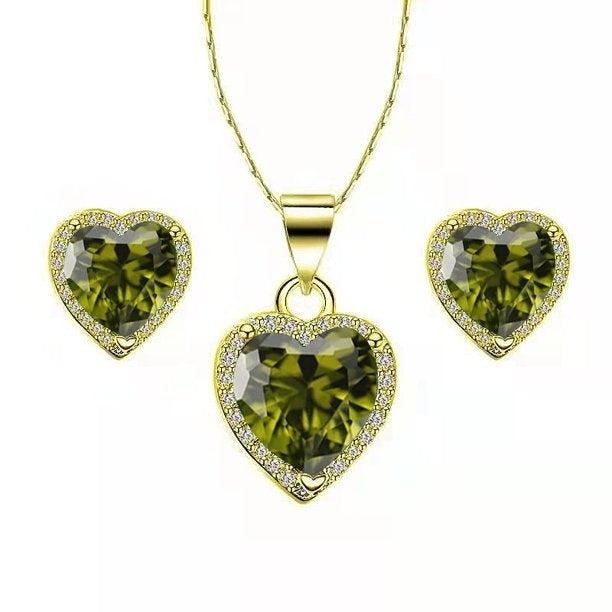 Paris Jewelry 10k Yellow Gold Heart 1Ct Created Peridot CZ Full Set Necklace 18 inch Plated Image 1