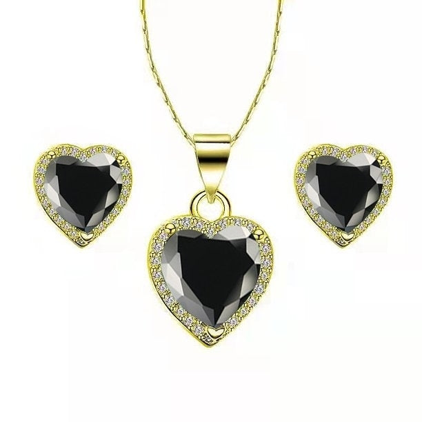 Paris Jewelry 14k Yellow Gold Heart 2 Ct Created Black Sapphire CZ Full Set Necklace 18 inch Plated Image 1