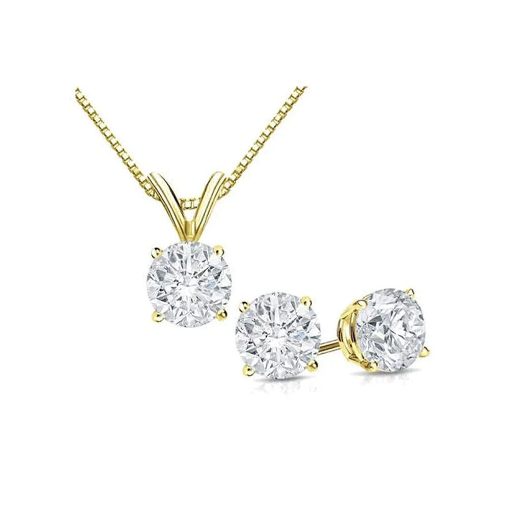 Paris Jewelry 18K Yellow Gold Round 1ct Created White Sapphire Necklace Set Image 1