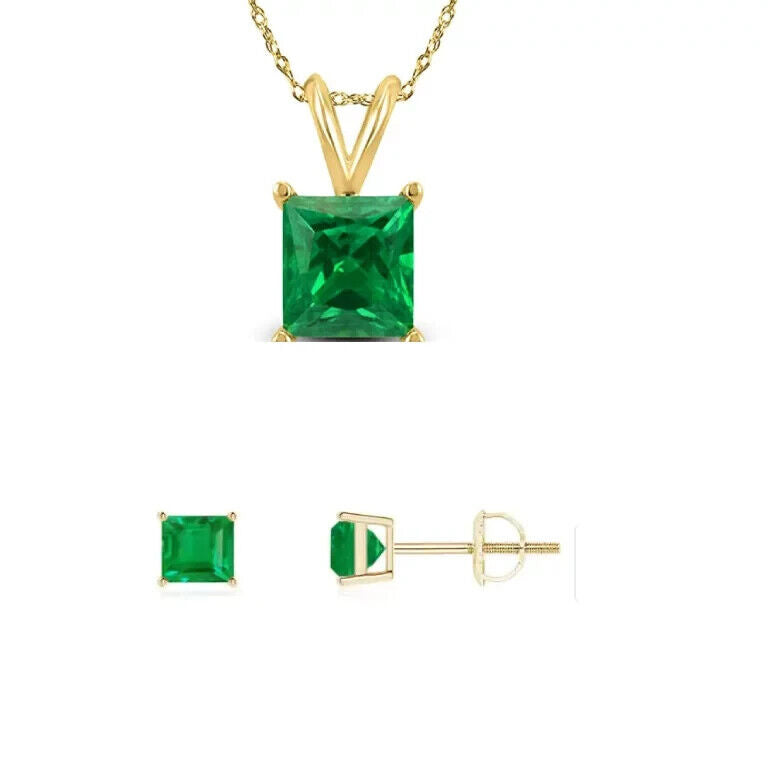 Paris Jewelry 18K Yellow Gold 1-2ct Emerald CZ Square 18 Inch Necklace and Earrings Set Plated Image 1