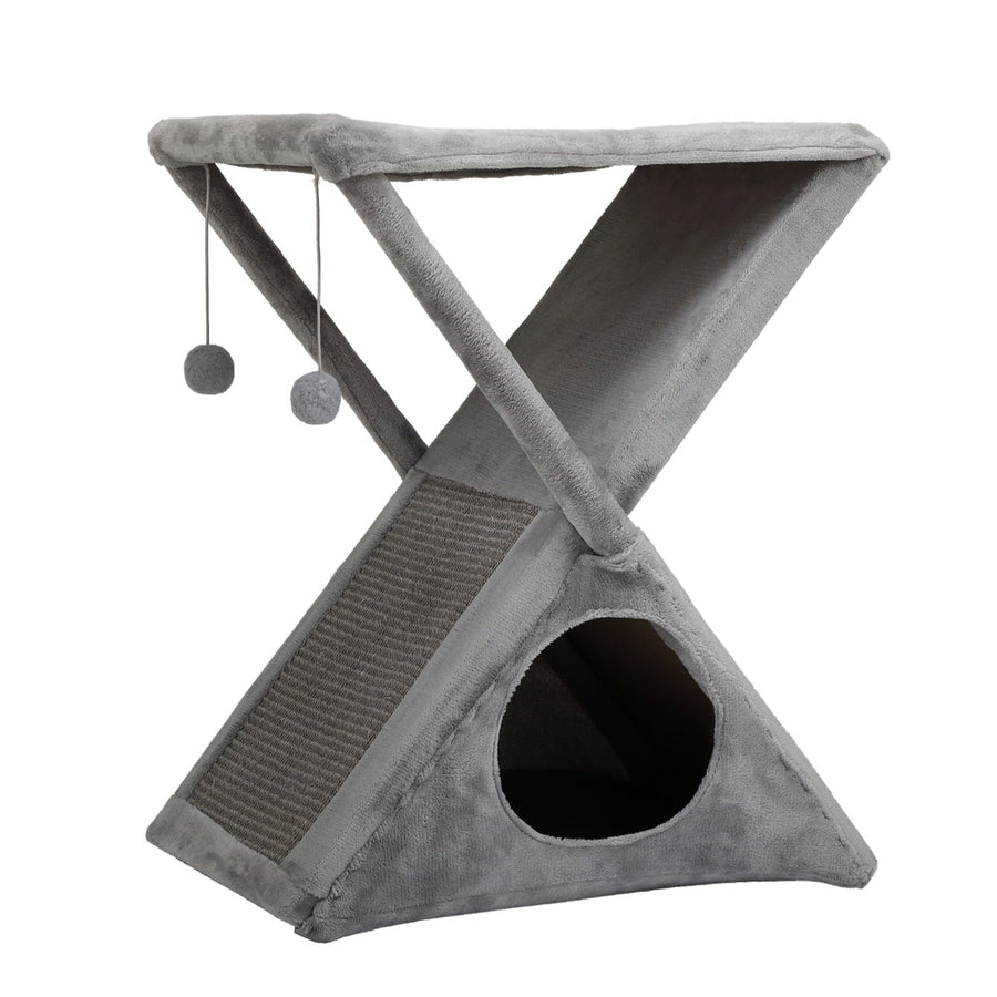 Folding Cat Tower Tree, 2-Tier Pet House with Scratching Pad, Cat Nest Hammock for Small to Middle Kitten - Gray Image 1
