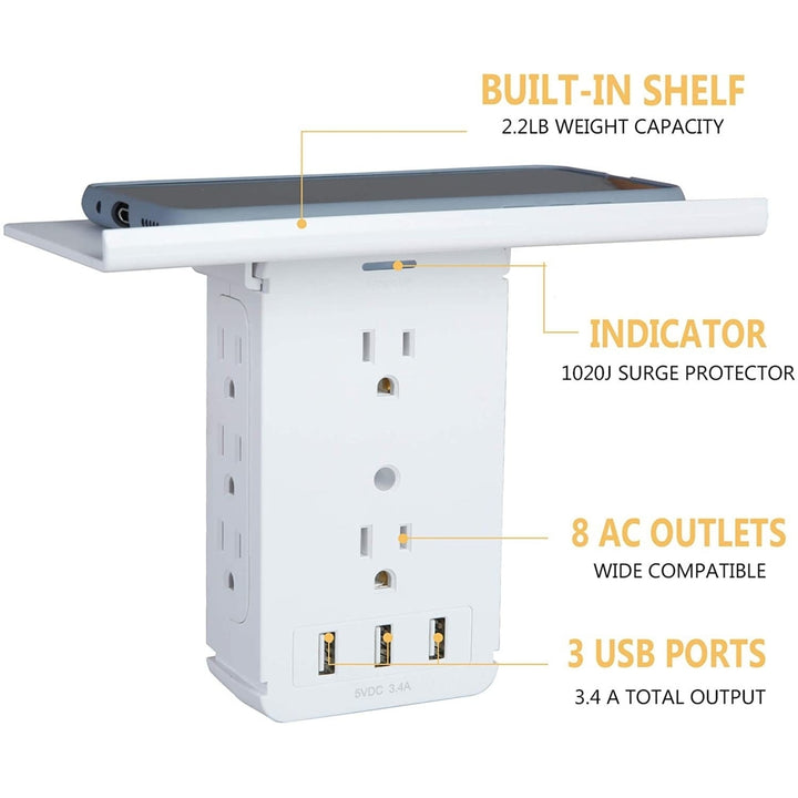 Wall Outlet Extender-2 Pack Surge Protector Multifunctional Outlet Wall Plug with 3 USB Ports(3.4A Total) 8 AC Outlets Image 3