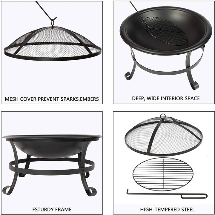 Outdoor Wood Burning BBQ Grill Firepit Bowl with Spark Round Mesh Spark Screen Cover Fire Poker Patio Steel Fire Pit Image 4