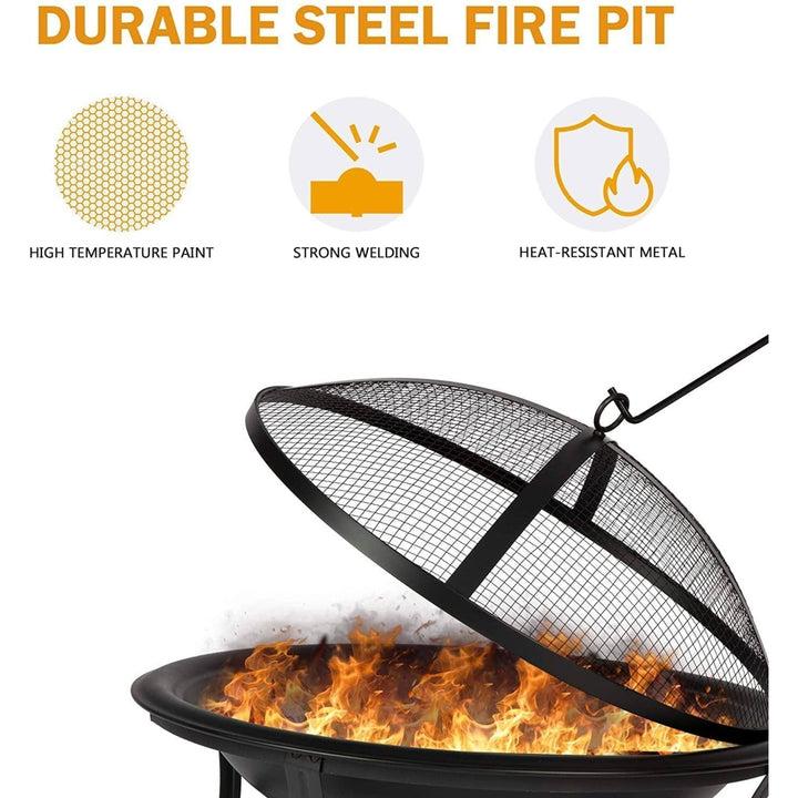 Outdoor Wood Burning BBQ Grill Firepit Bowl with Spark Round Mesh Spark Screen Cover Fire Poker Patio Steel Fire Pit Image 4