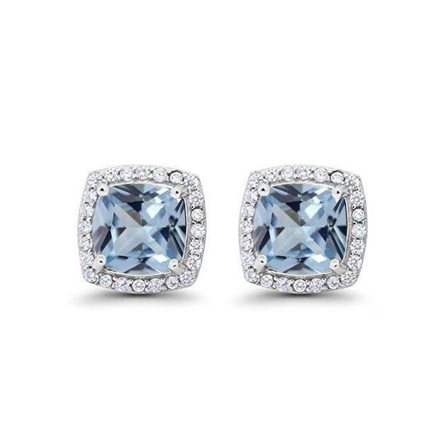 18k White Gold Plated 4 Ct Created Halo Princess Cut Aquamarine CZ Stud Earrings Image 1