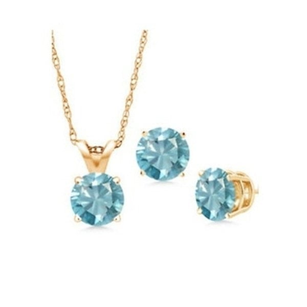 18K Yellow Gold 2ct Created Aquamarine CZ Round 18 Inch Necklace and Earrings Set Plated Image 1