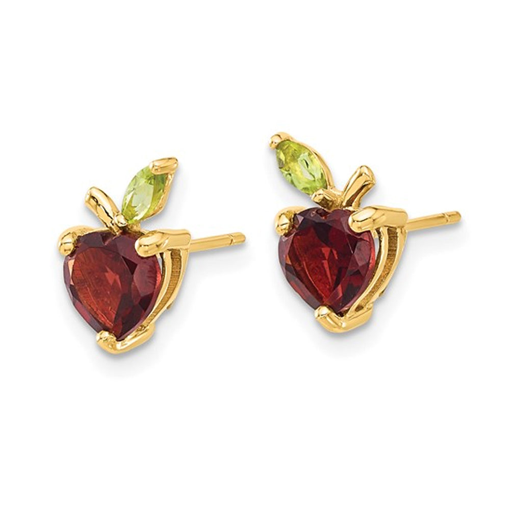 2.00 Carat (ctw) Garnet and Peridot Apple Fruit Charm Earrings in 14K Yellow Gold Image 2