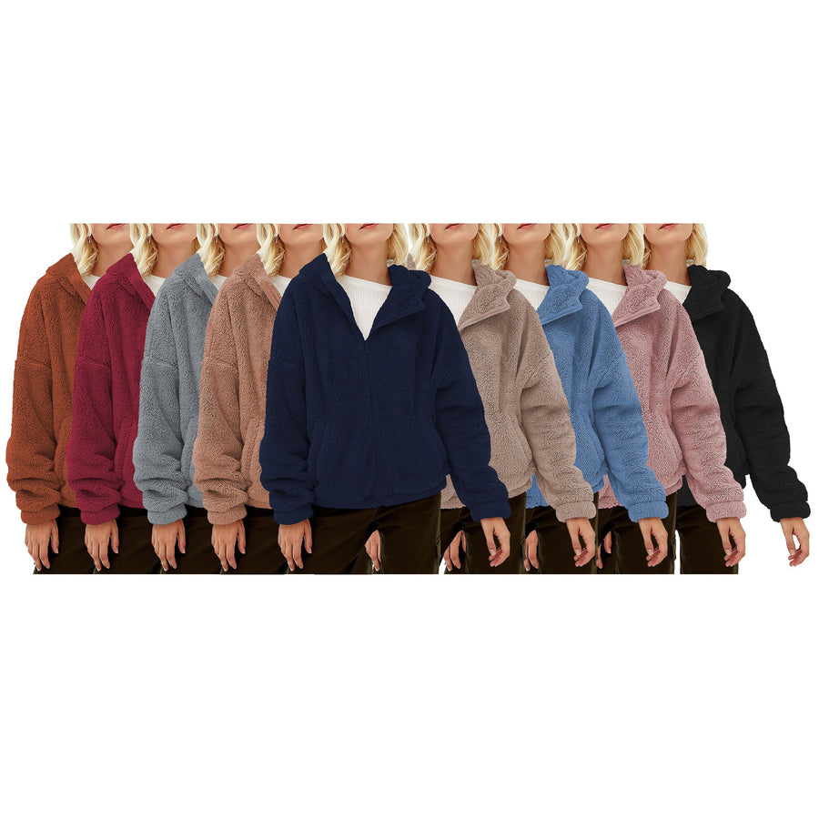 Womens Fluffy Fleece Full Zip Hoodie Coat 2-Pack with Pockets Warm Sherpa Image 1