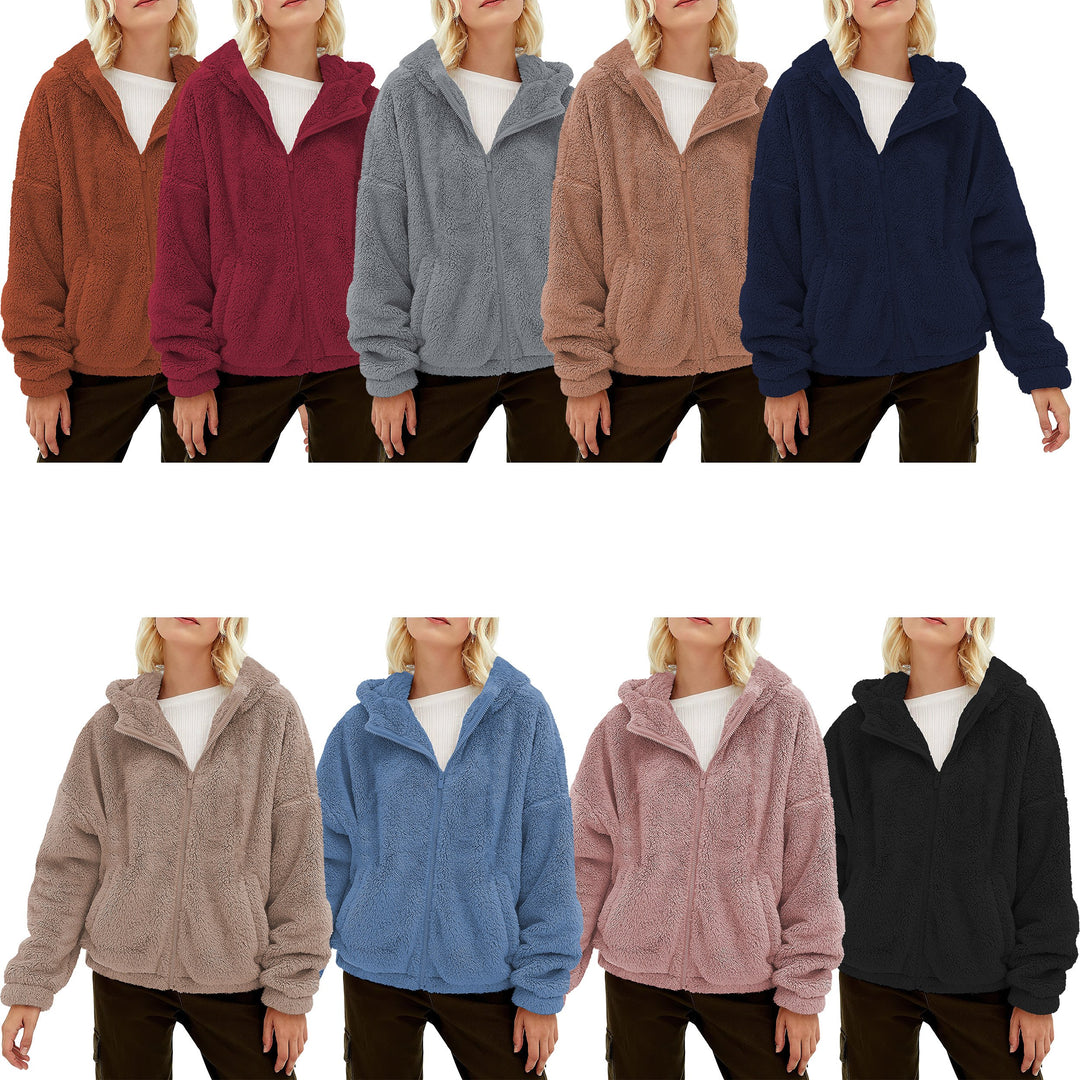 Womens Fluffy Fleece Full Zip Hoodie Coat 2-Pack with Pockets Warm Sherpa Image 2