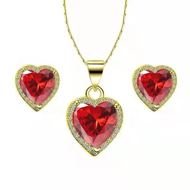 Paris Jewelry 10k Yellow Gold Heart 2Ct Created Ruby CZ Full Set Necklace 18 inch Plated Image 1