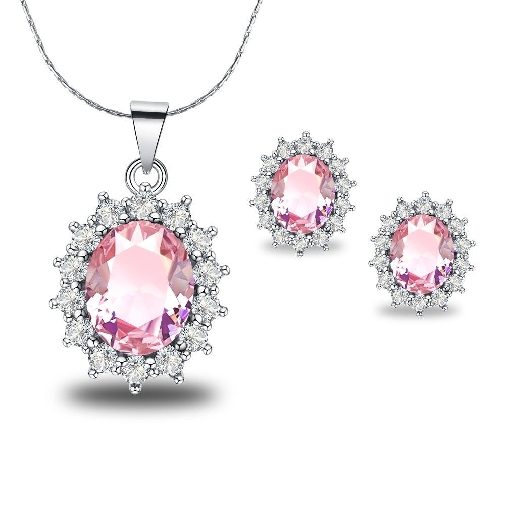 Paris Jewelry 18K White Gold Created Pink Sapphire CZ Round 4 Carat Oval Necklace Plated 18 inch Image 1