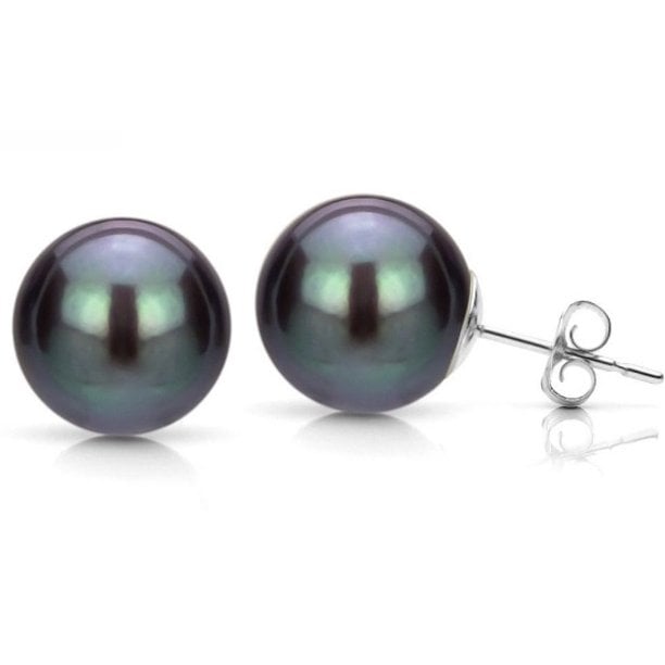 Paris Jewelry 10K White Gold Plated 10mm Black Pearl Round Stud Earrings Image 1