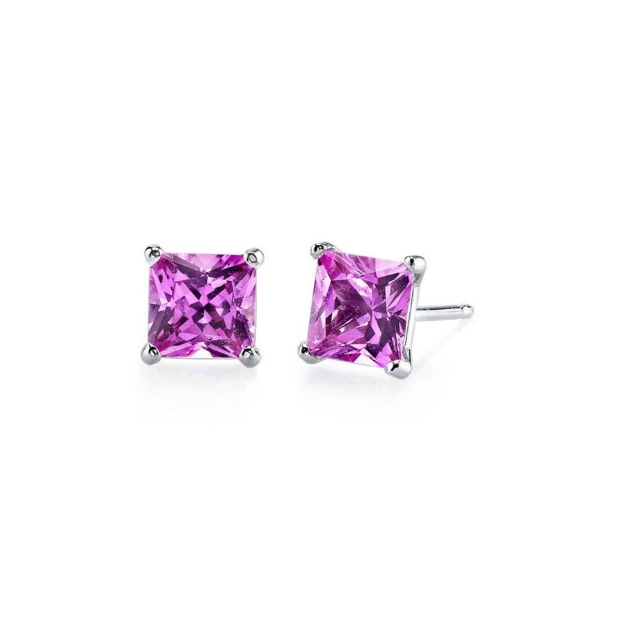 Paris Jewelry 10k White Gold Plated 1-2 Carat Princess Cut Created Pink Sapphire CZ Stud Earrings Image 1