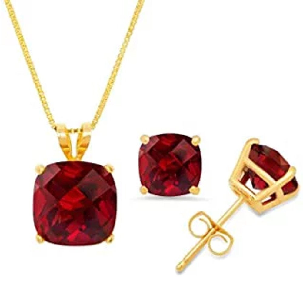 Paris Jewelry 18K Yellow Gold 1-2ct Created Garnet Square CZ 18 Inch Necklace and Earrings Set Plated Image 1