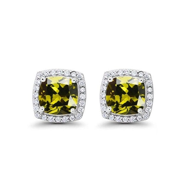 Paris Jewelry 10k White Gold 3 Ct Created Halo Princess Cut Peridot CZ Stud Earrings Plated Image 1