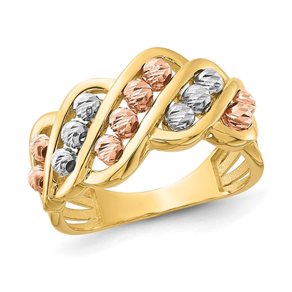 14K Yellow White and Rose Gold Diamond-cut Beads Ring Image 1