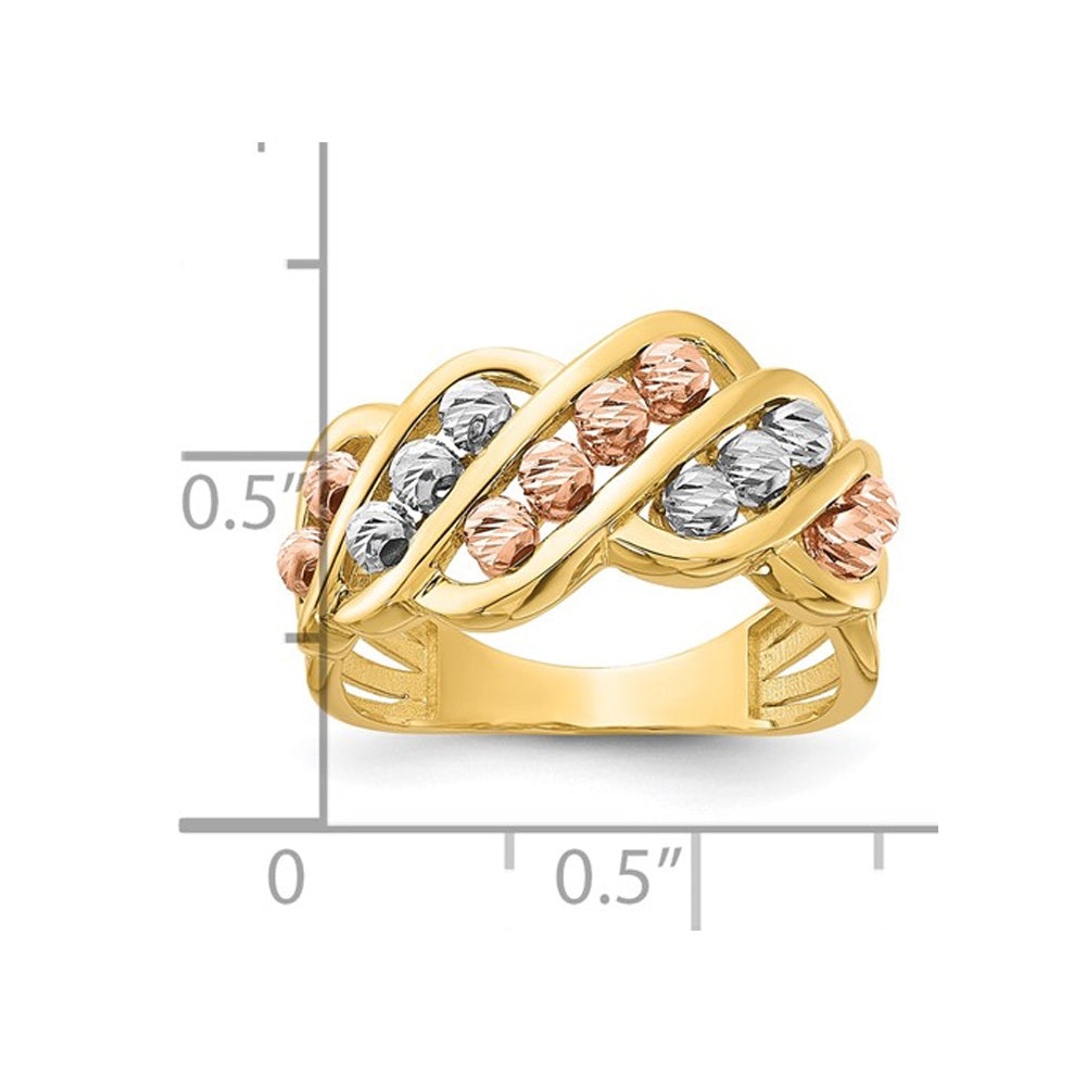 14K Yellow White and Rose Gold Diamond-cut Beads Ring Image 3