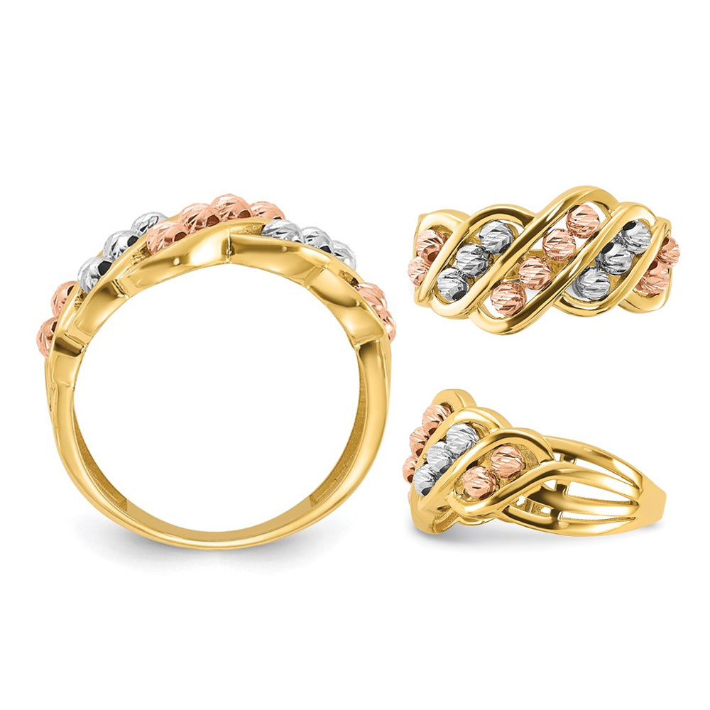 14K Yellow White and Rose Gold Diamond-cut Beads Ring Image 4