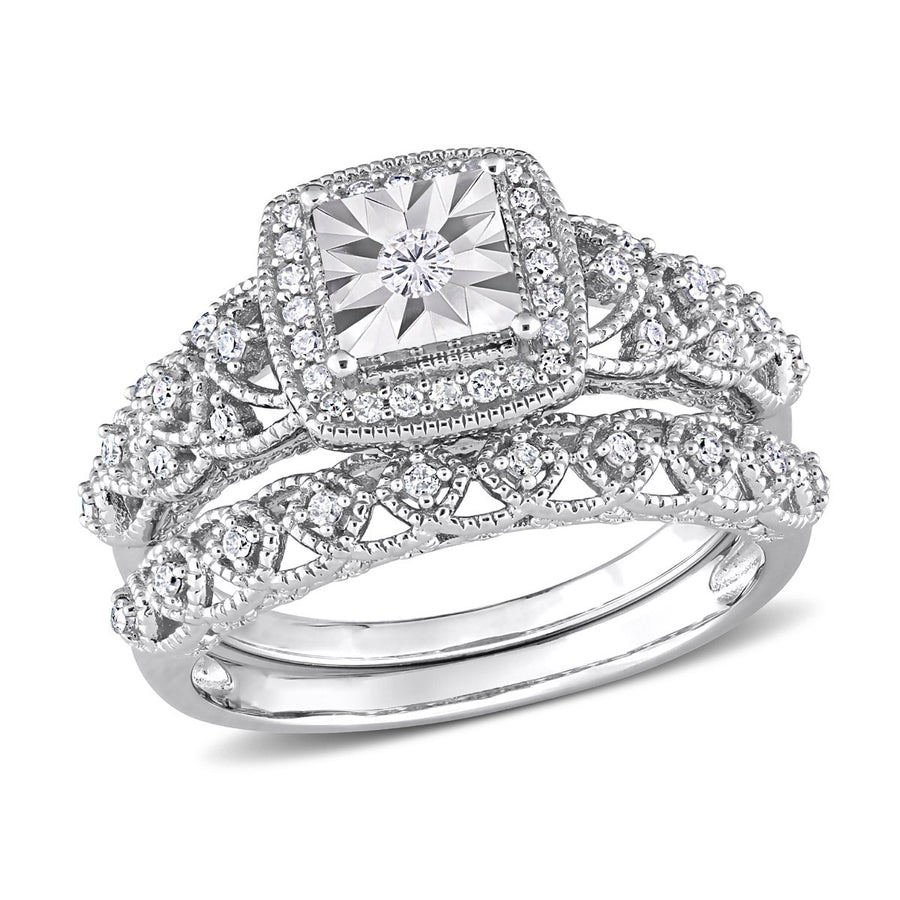 2/7 Carat (ctw) Diamond Engagement Bridal Ring and Wedding Band Set in Sterling Silver Image 1